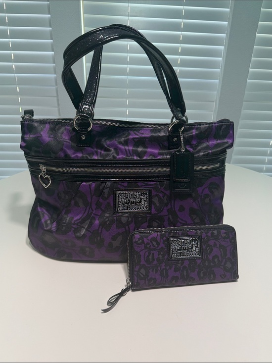 Coach Handbags - Coach Purple and Black Printed Satin Tote Bag and Wallet Set